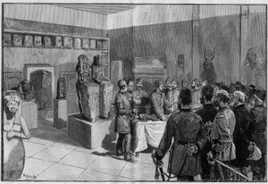 نزول مومياء سيزوستريس (رمسيس الثاني) في متحف بولاق (القاهرة ، مصر) على يد غاستون ماسبيرو في حضور الخديوي توفيق. نقش في "العالم المصور" 1886. بواسطة المدرسة الفرنسية