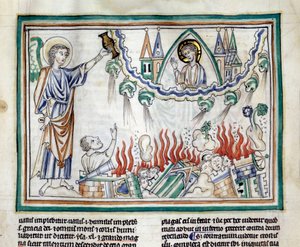 The destruction of Babylon Miniature taken from “The Apocalypse of Cambrai”” enluminated by the French School of the 13th century. Ms. 422. Municipal Library, Cambrai بواسطة المدرسة الفرنسية
