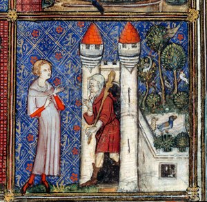 الحلم بالتفصيل: العاشق أمام بيت السعادة دامور. صورة مصغرة في "" Roman de la rose "بقلم جان دي مون أو جان دي ميونغ أو جان شوبينيل ، وجان كلوبينيل (الإصدار 1240-1305) ، حوالي 1370. شانتيلي ، متحف كوندي بواسطة المدرسة الفرنسية