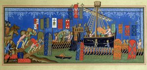 إنطلاق فرسان الروح القدس للحروب الصليبية ، بعد مصغر في مخطوطات Statuts de lordre du Saint-Esprit de Naples في متحف اللوفر ، محفورة بواسطة Felix Regamey (1844-1907) بواسطة المدرسة الفرنسية