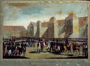 The farewell of Napoleon Bonaparte (1769-1821) has the imperiale guard in the courtyard of Cheval Blanc in Fontainebleau on 20/04/1814. Anonymous painting. 1814 Aix Island, Napoleonic museum بواسطة المدرسة الفرنسية