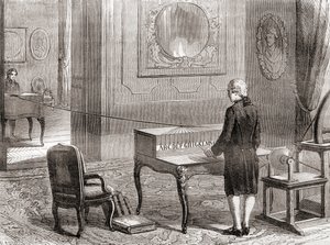 The first demonstration in 1774 of the electrical telegraph, invented by Georges-Louis Le Sage, from Les Merveilles de la Science, published c.1870 (engraving) بواسطة المدرسة الفرنسية