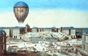 أول رحلة لبالونات الهواء الساخن Pilatre du Roziers ، سميت على اسم راعيها ، M. Montgolfier ، في فرساي في 23 يونيو 1784 بواسطة المدرسة الفرنسية