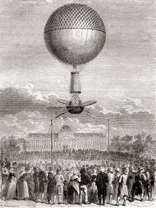 أول رحلة طيران ناجحة قام بها جان بيير فرانسوا بلانشارد في 2 مارس 1784 ، في منطاد غاز الهيدروجين تم إطلاقه من Champ de Mars ، باريس ، فرنسا ، من Les Merveilles de la Science ، تم نشره عام 1870 (نقش) بواسطة المدرسة الفرنسية
