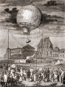 The flight of the Aérostat Réveillon on 19th of September 1783 by the Montgolfier brothers at Versailles, France, before King Louis XVI of France and Queen Marie Antoinette, from Les Merveilles de la Science, published c.1870 (engraving) بواسطة المدرسة الفرنسية