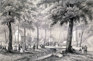ينبوع دينان (كوت دي أرمور). نقش (1850) من "رسم توضيحي إحصائي لمدينة وحي دينان" لتشارلز ليكوك ، محفوظ في مكتبة بلدية دينان. بواسطة المدرسة الفرنسية