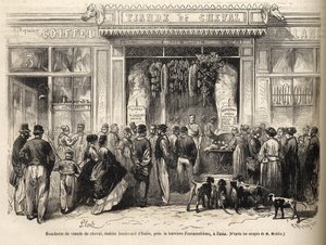 افتتح متجر جزار الخيول في Barriere de Fontainebleau (باريس) في عام 1866 - بوتشيري شيفالين - Boucherie Meat de Cheval Boulevard Italie بالقرب من Barriere de Fontainebleau 1866) نقش في "Le monde illustrious" de 1866 بواسطة المدرسة الفرنسية