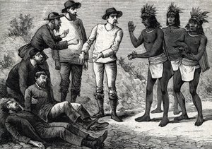سكان بيرو يساعدون الأوروبيين المستعمرين الذين يعانون من الملاريا بالكينا (نقش) 1888 بواسطة المدرسة الفرنسية