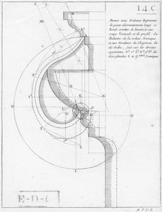 العاصمة الأيونية ، رسم توضيحي من كتاب عن الهندسة ، نشر مع Privilege du Roy and E .. du Gouvernement بواسطة المدرسة الفرنسية