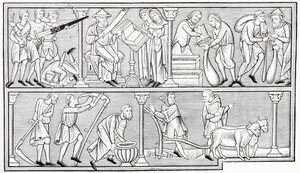 أعمال الحرب والعلوم والتجارة والزراعة ، بعد مصغر في مزمور من القرن الثالث عشر ، من Les Arts au Moyen Age ، تم نشره عام 1873 بواسطة المدرسة الفرنسية