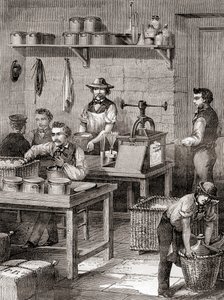 صناعة القطن المسدس في القرن التاسع عشر ، من Les Merveilles de la Science ، تم نشره حوالي 1870 (نقش) بواسطة المدرسة الفرنسية