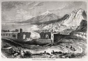 The ruins of the ancient theatre of Taormina (Tauromenium), at the foot of Mount Taurus, overlooking the modern village of Giardini and the Etna, drawing by Adolphe Rouargue (1810-187?) and Emile Rouargue (ca1795-1865) to illustrate Felix Bourquelot
