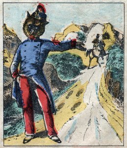 الأسد المريض والثعلب. أساطير جان دي لافونتين (1621-95). تصوير إبينال من نهاية القرن التاسع عشر. بواسطة المدرسة الفرنسية