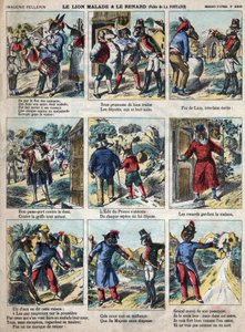 الأسد المريض والثعلب. أساطير جان دي لافونتين (1621-95). تصوير إبينال من نهاية القرن التاسع عشر. بواسطة المدرسة الفرنسية