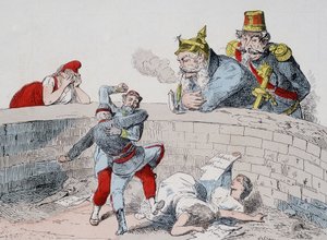 الوضع - غواليوم: يجب أن نساعد المجانين ، بادينغو (نابليون الثالث): دعهم يفعلوا أخي ، لقد حان الوقت للتدخل عندما يلتهم (الباريسيون) أنفسهم. كارتون عن الكومونة. بواسطة المدرسة الفرنسية