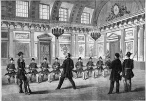 ابن نابليون الثالث ، الأمير الإمبراطوري (1856-1879) ، يمارس السلاح مع حراس الحرس ، قبل والده الإمبراطور نابليون الثالث (1808-1873) ، في غرفة الحراسة بقلعة كومبيين. نقش في "" Le Monde Illustré "" رقم 349 بتاريخ 19 ديسمبر بواسطة المدرسة الفرنسية