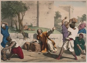 رجم القديس ستيفن ، رسم توضيحي من التعليم المسيحي Listoire Sainte ، نشره Charles Delagrave ، باريس ، أواخر القرن التاسع عشر بواسطة المدرسة الفرنسية