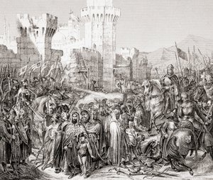 The surrender of Acre to Philip II of France, called Philip Augustus, during the Third Crusade, from L