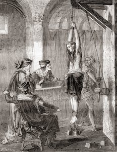 The torture of a woman accused of witchcraft in the middle ages, from Les Merveilles de la Science, published c.1870 (litho) بواسطة المدرسة الفرنسية
