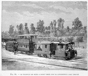The tram from Rueil to Marly, led by the hot water locomotive - in “” The new conquests of science”” by Louis Figuier بواسطة المدرسة الفرنسية