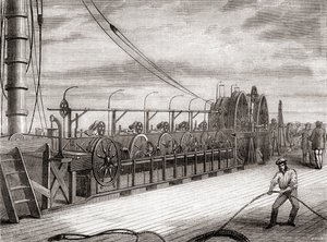 The transatlantic telegraph cable unwinding unit aboard the S.S. Great Eastern بواسطة المدرسة الفرنسية
