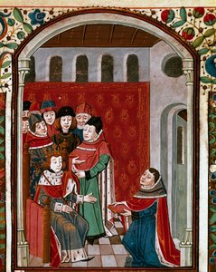 يتبرع المترجم جون دي ميونغ (أو Clopinel أو Chopinel) (1240-1305) بعمله للملك فيليب الرابع الجميل (1268-1314). صورة مصغرة مأخوذة من "" De Consolatione Philosophiae "للفيلسوف اللاتيني Boece (Boetius) (475-520) ، ترجمة جان د. بواسطة المدرسة الفرنسية
