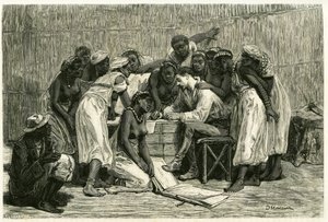 زيارة الملكات الست عشرة زوجات للملك سيوبو في صندوق الدكتور هولوب. نقش من قبل دي ميلارد ، لتوضيح قصة "Au pays des Marutses" ، في 1875-1879 ، للدكتور إميل هولوب (1847-1902). نُشر في Tour du monde ، الفصل الدراسي الثاني 1883 ، محرر بواسطة المدرسة الفرنسية