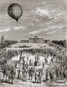 أول بالون هيدروجين في العالم ، تم إطلاقه فوق Champs de Mars ، باريس ، فرنسا في عام 1783 ، من Les Merveilles de la Science ، تم نشره حوالي عام 1870 (نقش) بواسطة المدرسة الفرنسية