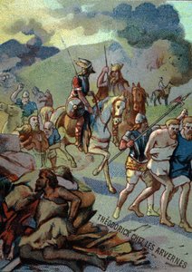 Théoderick ، الابن الأكبر لكلوفيس ، في Arvernes (أوفيرني) (532-533). الطباعة الحجرية الملونة من سلسلة "" التربية الوطنية من خلال الصورة "". بواسطة المدرسة الفرنسية