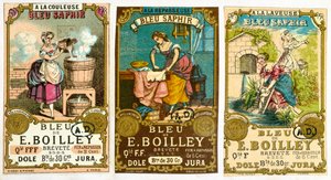ثلاثة ملصقات للعلامة التجارية Bleu de E. Boilley لمسحوق الغسيل ، 1878 بواسطة المدرسة الفرنسية