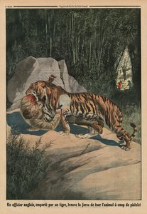 نمر يهاجم ضابطًا بريطانيًا ، توضيح الغلاف الخلفي من `` Le Petit Journal &39;&39; ، ملحق illustre ، 3 أغسطس 1913