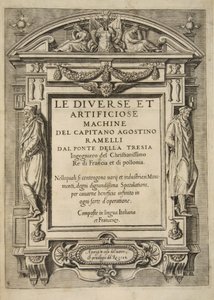 صفحة العنوان ، من Le Diverse Et Artificiose Machine Del Capitano Agostino Ramelli ، pub. 1588 (النقش) بواسطة المدرسة الفرنسية