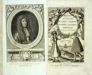 صفحة العنوان وصورة مقدمة لرحلة مجلة du Chevalier Chardin إلى بلاد فارس وجزر الهند الشرقية بقلم Jean Chevalier Chardin ، 1686 بواسطة المدرسة الفرنسية