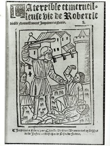 صفحة العنوان من La Terrible et Merveilleuse Vie بقلم روبرت لو ديابل ، التي نشرها كلود بليهارت عام 1563 بواسطة المدرسة الفرنسية