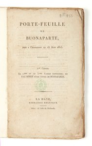 صفحة العنوان لـ "محفظة Buonaparte التي تم التقاطها في شارلروا في ١٨ يونيو ١٨١٥" بواسطة المدرسة الفرنسية