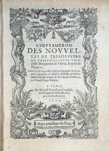 صفحة عنوان "" Heptameron "" ": حكايات أو أخبار لمارغريتا من نافاري (مارغريت من فالوا ، مارغريت من أنغوليم أو مارغريت من فرنسا (1492-1549) ملكة نافارا والشاعرة بواسطة المدرسة الفرنسية
