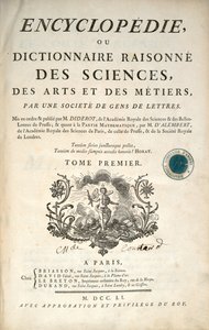 صفحة عنوان المجلد الأول من الموسوعة بقلم دينيس ديدرو وجان لو روند دالمبرت ، 1751 بواسطة المدرسة الفرنسية
