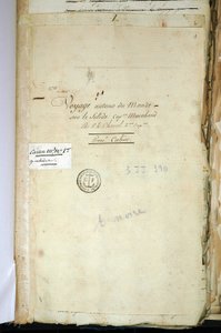 صفحة العنوان للمخطوطة الأصلية للكابتن شانال الثاني ، "" رحلة حول العالم على الكابتن الصلب مارشاند "(سجل). 1791-1792. المحفوظات الوطنية في باريس. بواسطة المدرسة الفرنسية
