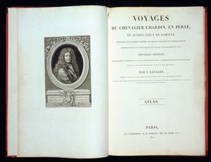 صفحة العنوان وصورة في الواجهة الأمامية من Voyages du Chevalier Chardin en Perse ، 1811 بواسطة المدرسة الفرنسية