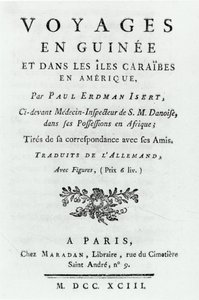 صفحة العنوان للرحلات في غينيا وجزر الكاريبي في أمريكا بقلم بول إردمان إيزرت ، نُشرت عام 1743 بواسطة المدرسة الفرنسية