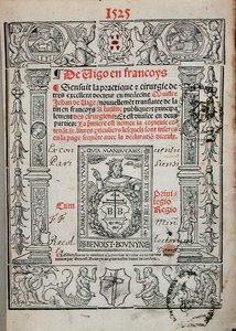 صفحة عنوان من كتاب عن الجراحة لجين دي فيجو (1460-1525) 1525 (نقش خشبي) بواسطة المدرسة الفرنسية