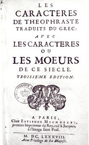 صفحة عنوان Les Caracteres de Theophraste مترجمة من اليونانية ، مع Les Caracteres ou les meurs de ce siecle بواسطة La Bruyere (1645-96) 1688 بواسطة المدرسة الفرنسية