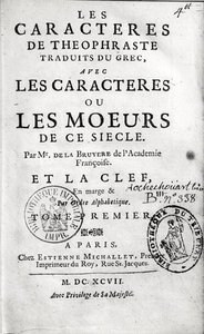 صفحة عنوان ثيوفراستوس الشخصيات أو الآداب ترجمها جان دي لا برويير (1645-96) 1697 بواسطة المدرسة الفرنسية