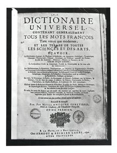 صفحة العنوان من Dictionnaire Universel بواسطة أنطوان فوريتيير (1619-88) 1690 (طباعة) بواسطة المدرسة الفرنسية
