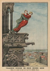 انتحار مأساوي لشابين من برج الكاتدرائية في أنتويرب ، صورة الغلاف الخلفي من `` Le Petit Journal &39;&39; ، ملحق illustre ، 11 مايو 1913