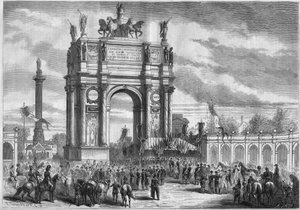 تحولات باريس تحت الإمبراطورية الثانية ، Haussmann Paris: قوس النصر عند افتتاح Boulevard du Prince Eugene (حاليًا Boulevard Voltaire) بواسطة نابليون الثالث. نقش في "" Le Monde Illustré "" رقم 296 بتاريخ 13 ديسمبر 1862. بواسطة المدرسة الفرنسية