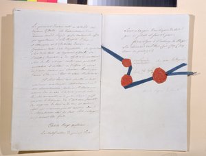 معاهدة بين نابليون الأول (1769-1821) والإمبراطور فرانز الثاني (1768-1835) ، وقعت في بريسبرغ في 26 ديسمبر 1805 (قلم وحبر على ورق) بواسطة المدرسة الفرنسية