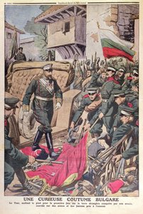 القيصر فرديناند الأول (1861-1948) البلغاري يمشي فوق الأعلام التي تم التقاطها خلال حرب البلقان عام 1912 ، نوفمبر 1912 بواسطة المدرسة الفرنسية