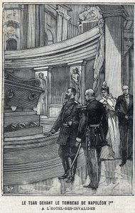 القيصر الروسي نيكولاس الثاني (1868-1918) و Tsarina Alexandra Fiodorovna Romanova (1872-1918) أمام قبر نابليون الأول بونابرت في فندق des Invalides في باريس ، في "Le Petit Parisien" بواسطة المدرسة الفرنسية