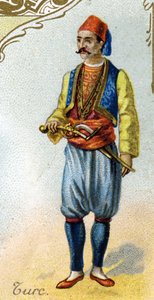 رجل تركي . طبعة الطباعة الحجرية الباريسية ، نهاية القرن التاسع عشر. سلسلة من 25 كرومًا إعلانيًا عن شركة ديجون لصناعة البسكويت بيرنو ، تم إنشاؤها عام 1869. تفاصيل الشخصيات في الأزياء التقليدية بواسطة المدرسة الفرنسية